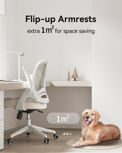 Hbada Office Desk Chair with Flip-Up Armrests and Saddle Cushion, Ergonomic Office Chair with S-Shaped Backrest, Swivel, Mesh, Grey