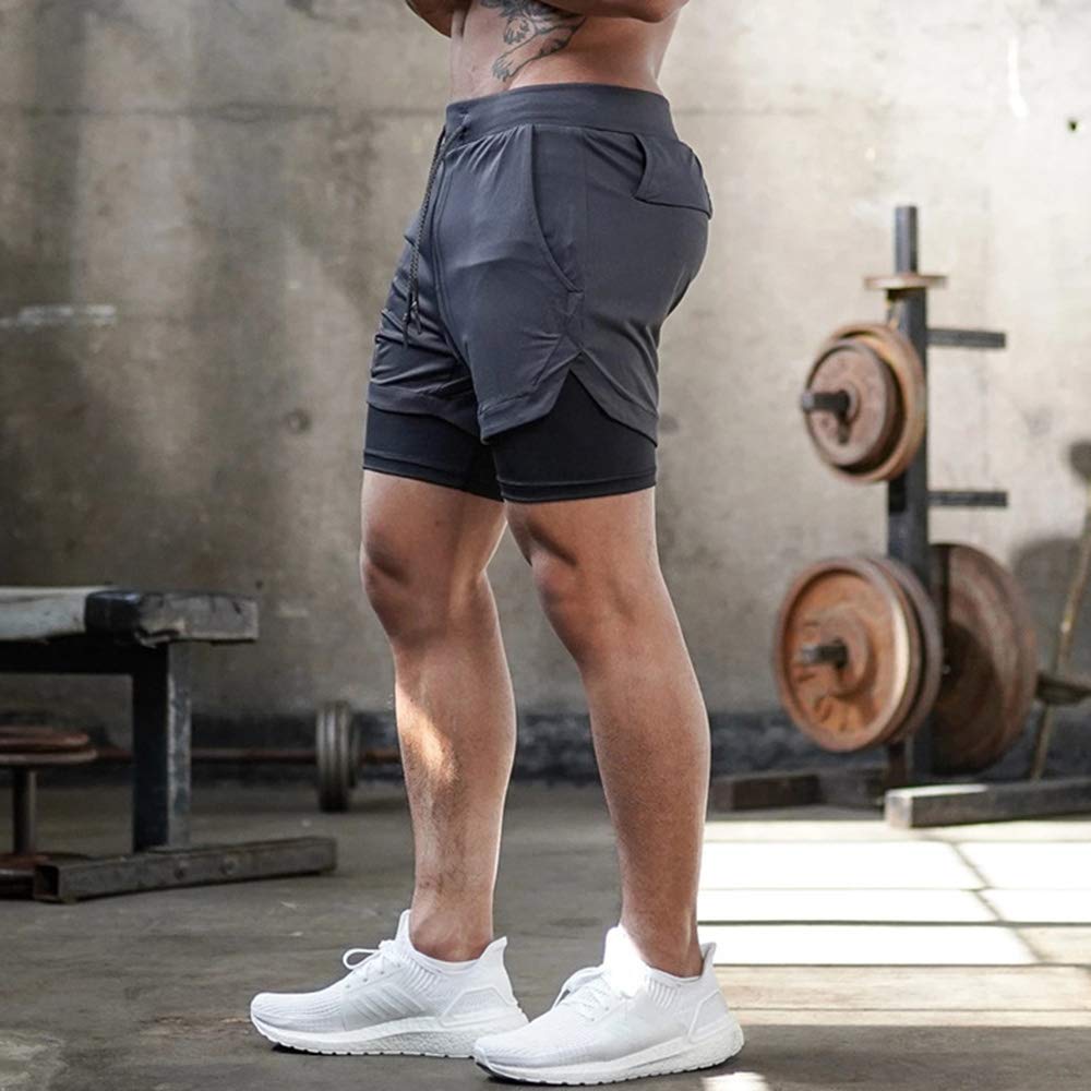 Superora Mens Running Gym 2 in 1 Sports Shorts Breathable Outdoor Workout Training Shorts with Pockets Grey
