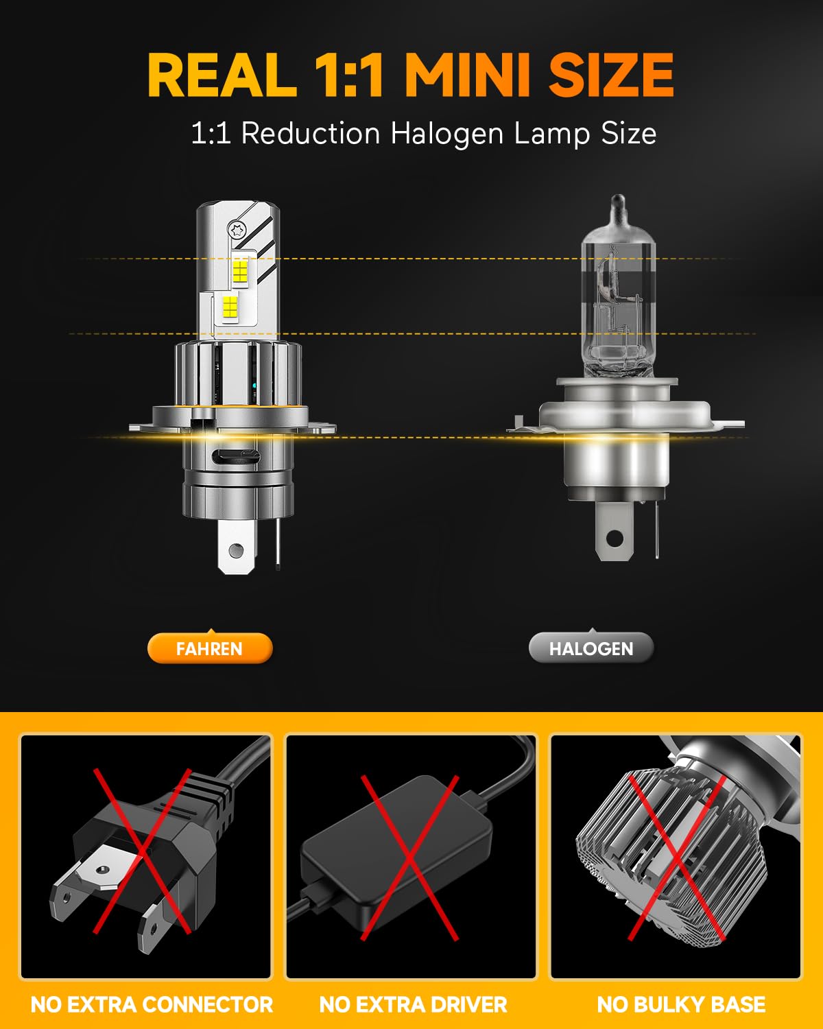 FAHREN Upgraded H4/9003/HB2 Bulb, [Modern & Brightest] 36000LM 900% Ultra-Bright Bulbs 360° Adjustable Quick Install, 1:1 Mini Size No Adapter Required H4 Fog Light bulb, Pack of 2