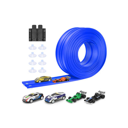 Car Track 5m Includes 4 Cars: KETIEE Flexible Race Track Car Ramp Track Toy Car Race Track Rolls Up Portable Dual Racetrack for Jumps Loops Ramps for 1/64th Cars for Ages 3+, Blue