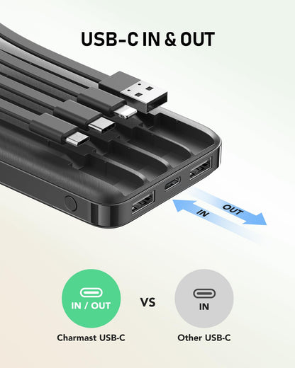 charmast Portable Charger with Built in Cables, 10000mAh Slim Power Bank, 15W USB C in&Out Port High Speed Charging External Charger, Battery Pack Compatible with iPhone 16 15 13 Samsung Google iPad