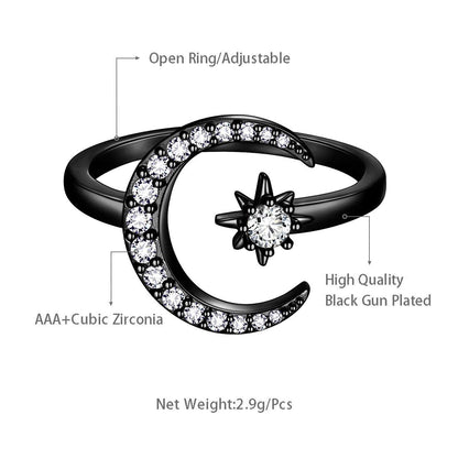 beautlace Star and Moon Adjustable Rings Black Gun Plated Crescent Moon Stars Open Ring Jewelry for Women KR0032K
