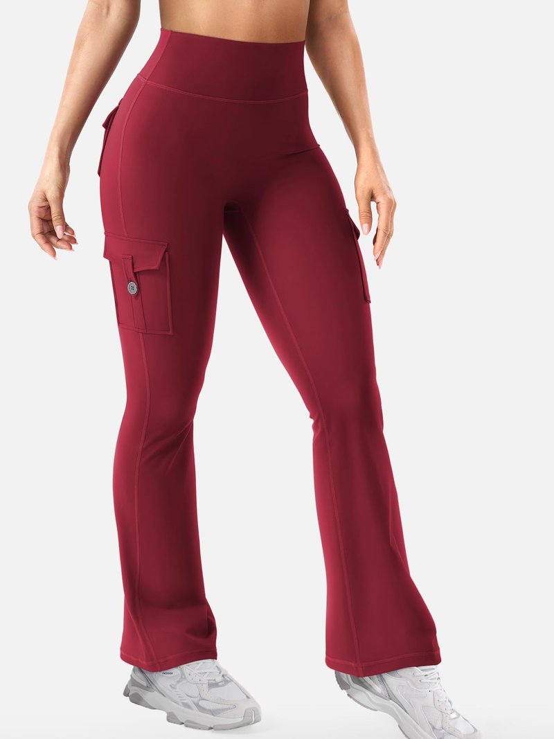 YEOREO CoreFlex Women Workout Flare Leggings with Pockets Scrunch Cargo Gym Yoga Leggings Wine XS