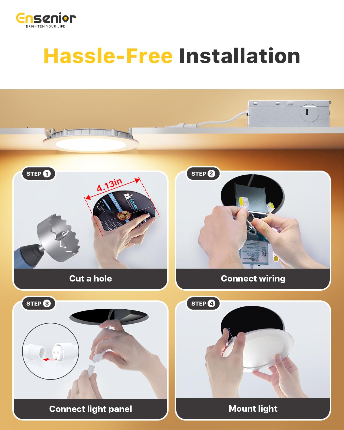 Ensenior 16 Pack 4 Inch LED Recessed Ceiling Light, Dimmable, 4000K Cool White, 750LM 9W 120V, High Brightness Canless Wafer Downlight - ETL&FCC&IC