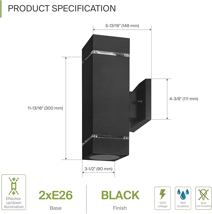 ASD 2 Light Square Outdoor Wall Light Fixture | 120W E26 Bulb Socket 120V ETL Cylinder Up Down Lights | LED/CFL/Incandescent Bulb Exterior Wall Sconce | Front Door, Porch Patio | Ringed Black, 2 Pack
