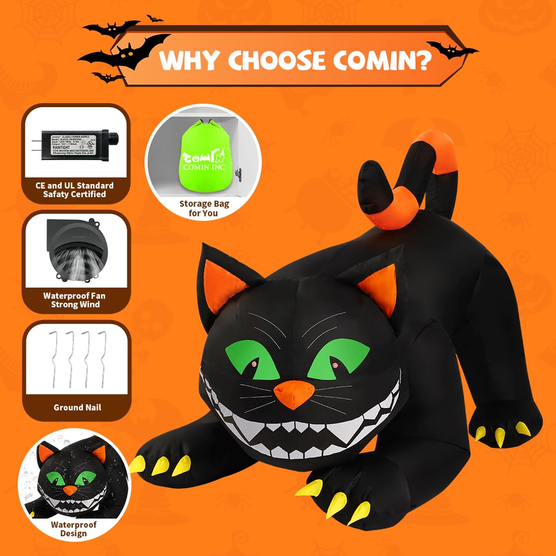 COMIN 6 FT Halloween Inflatables Black Cat Outdoor Decorations Blow Up Yard Large Cat with Moving Head and Built-in LEDs for Indoor Party Garden Lawn Decor