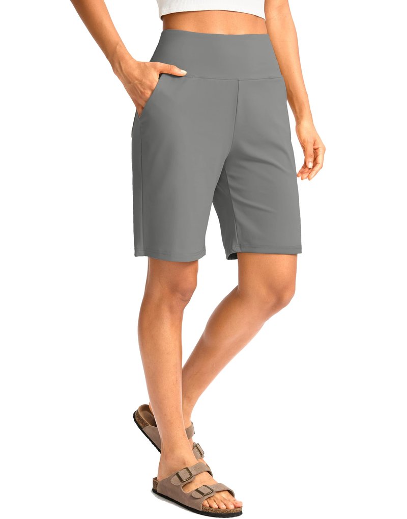 G Gradual Women's Bermuda Long Shorts with Pockets 9" High Waisted Knee Length Shorts for Women Walking Athletic Workout(Light Grey,3XL)