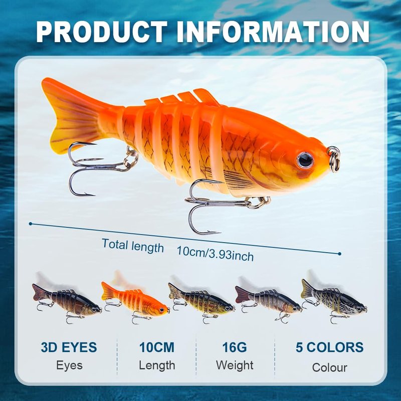 hoehew Robotic Fishing Lure, 3D Swimming Bait for Freshwater & Saltwater, Fishing Gear Attracts Fishing Lures Walleye Trout Bass for Beginners, Amateurs and Professionals (5PCA)