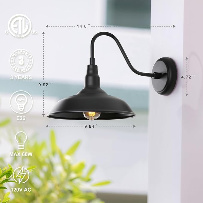 Black Outdoor Barn Light with Wall Mount 2 Pack Exterior Gooseneck Lights with 10" Dome, Farmhouse Style Outside Wall Sconce for House, Porch, Patio