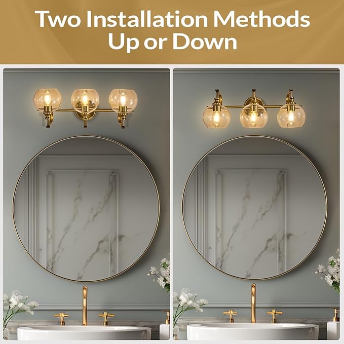 ANDY STAR Gold Bathroom Light Fixtures, Antique Brass Vanity Light, 3 Lights Wall Light with Globe Clear Lampshade, Vintage Wall Sconce with Metal Lamp Body for Bedroom, Living Room, Hallway