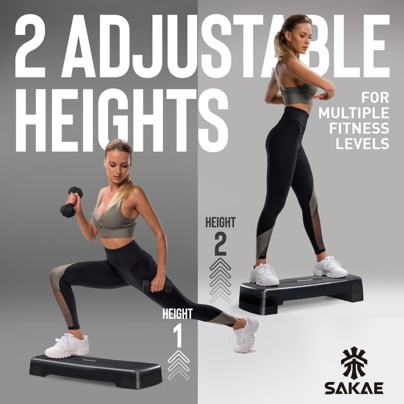 Black Exercise Step Platform Set with Kettlebell & Measuring Tape, Adjustable Height 2 Level Risers Workout Step Trainer, Aerobic Steppers for Home Gym Exercise Fitness Workout