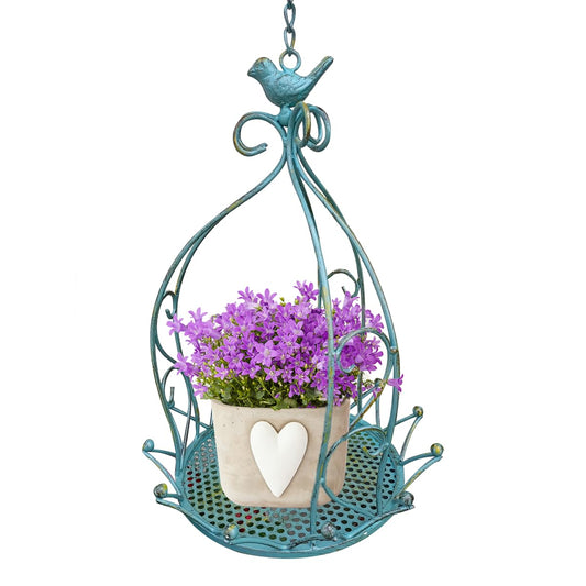 VitaEst Metal Hanging Basket Planter with Bird Ornament and Chain,Vintage Antique Finish Hanging Planter for Outdoor,Garden,Patio,Deck,Porch Decor(Green/Blue/White) (Blue)
