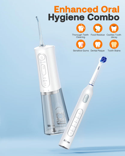 Bitvae Water Dental Flosser Teeth Picks, Cordless Water Flosser for Teeth, Braces, Dental Care and Rechargeable Rotary Electric Toothbrush Combo Set, 4 Tips, 4 Brush Heads, Waterproof, Black, C5+R1
