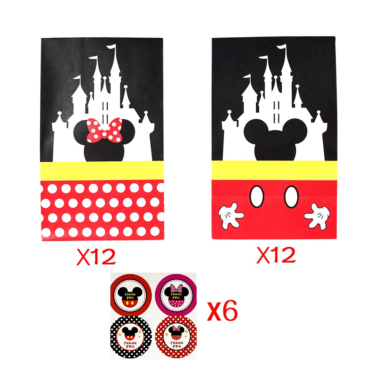 MOAXMOA Party favor Gift Bags Candy Treat Bags Birthday Baby Shower Wedding Mickey Minnie Theme Decorations Supplies with Stickers Set of 24