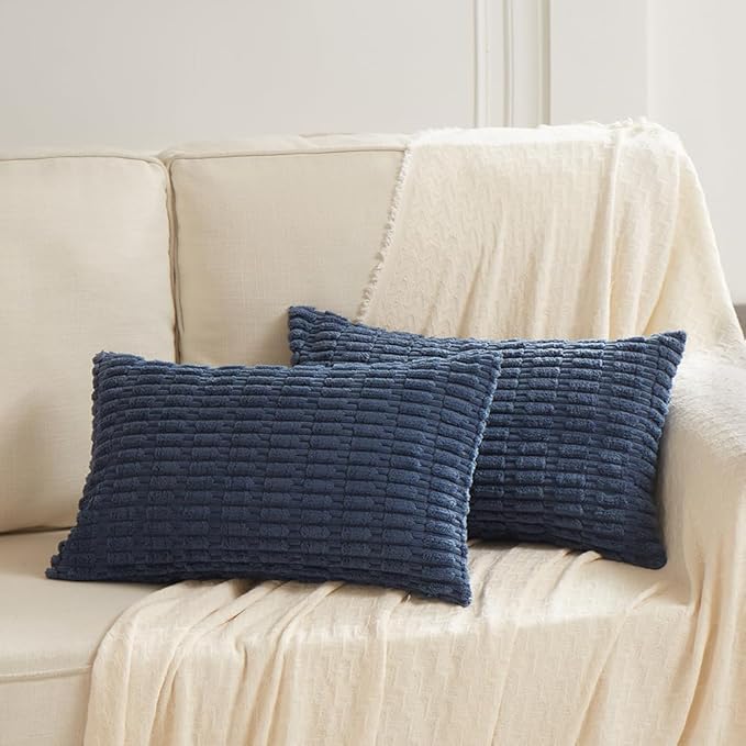 Fancy Homi Dusty Blue Lumbar Decorative Throw Pillow Covers 14x24 Inch for Living Room Couch Bed Sofa, Rustic Farmhouse Boho Home Decor, Soft Striped Corduroy Rectangle Cushion Case 35x60 cm