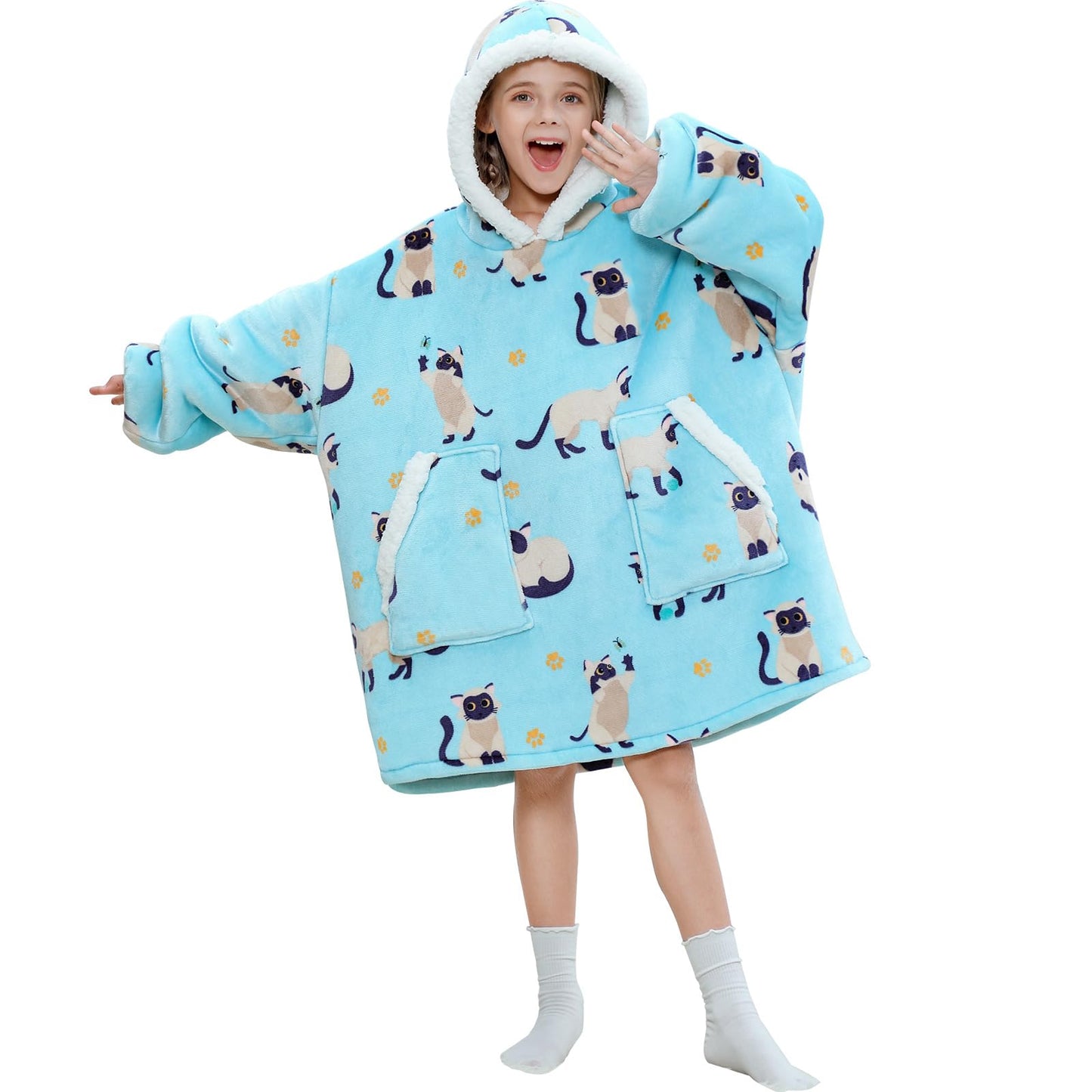 Kipswiza Siamese Cat Wearable Blanket Hoodie for Kids - Oversized Sherpa Fleece Hooded Sweatshirt, Cozy Gift for Girls Boys 6-13 (4'3"-4'11"), Cat Print, Light Blue