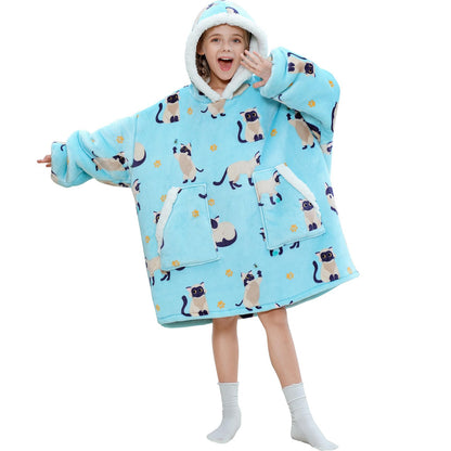 Kipswiza Siamese Cat Wearable Blanket Hoodie for Kids - Oversized Sherpa Fleece Hooded Sweatshirt, Cozy Gift for Girls Boys 6-13 (4'3"-4'11"), Cat Print, Light Blue