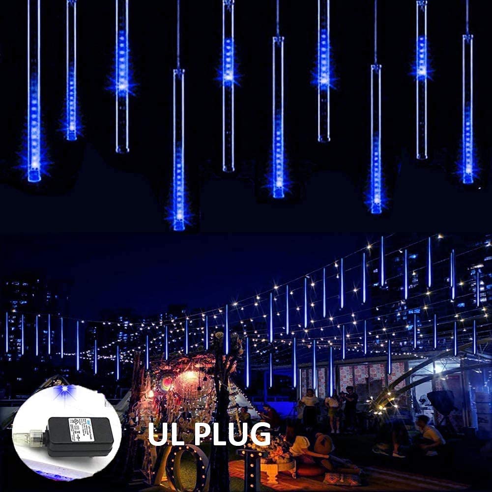 Kordain Outdoor Christmas Lights, Falling Rain Meteor Shower 12 inch 8 Tubes 144 LED Snow Icicle Cascading Fairy String Lights for Holiday Wedding Party Garden Tree Decor, UL Plug, Blue