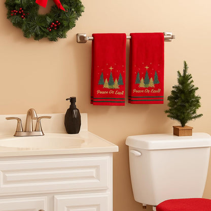 Serafina Home Christmas Hand Towels for Bathroom – Set of 2 Red 100% Cotton Embroidered Christmas Trees & “Peace On Earth” Phrase Design – 25 x 16” Decorative Holiday Bath & Kitchen Towels