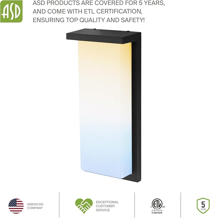 ASD LED 14" Outdoor Wall Light, Front Door House Sconce | 3CCT, Dimmable, Waterproof, ETL Listed | 20W 1900LM 3000-5000K 120V | Exterior Patio Lighting Fixture, Flush Mount Porch Lamp | Dark Bronze