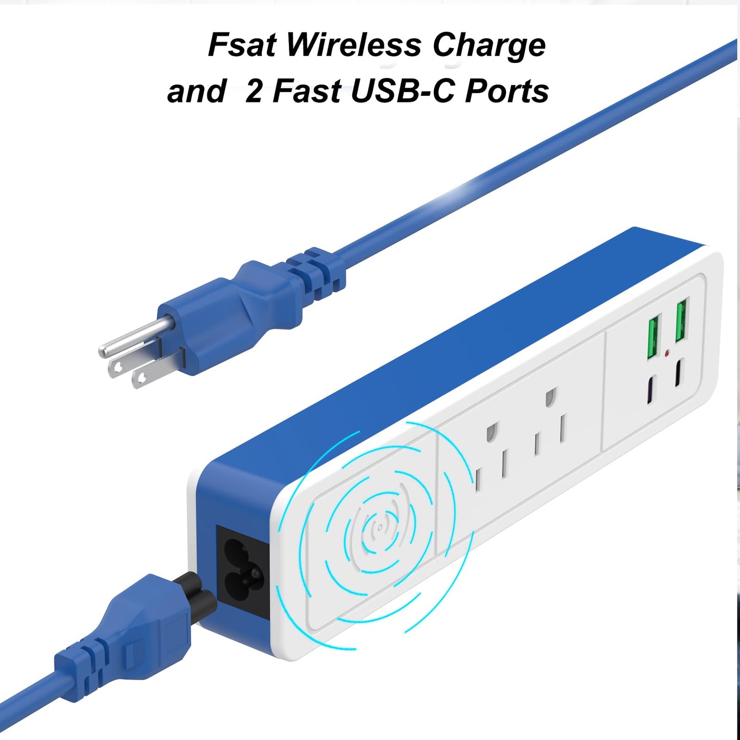 7-in-1 Wireless Fast Charge Power Strip with USB C, 2 USB-C Ports,2 AC Outlet,2 USB-A, Fast Charging Station for Nightstand Desktop Office Dorm,6 ft Ddetachable Extension Cord (Blue, 6 FT)