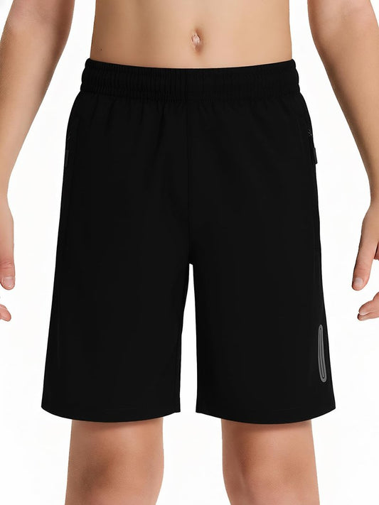 DEVOROPA Youth Boys Athletic Running Shorts Lightweight Quick Dry Sports Workout Gym Hiking Shorts Zip Pockets UPF 50+ Black XS