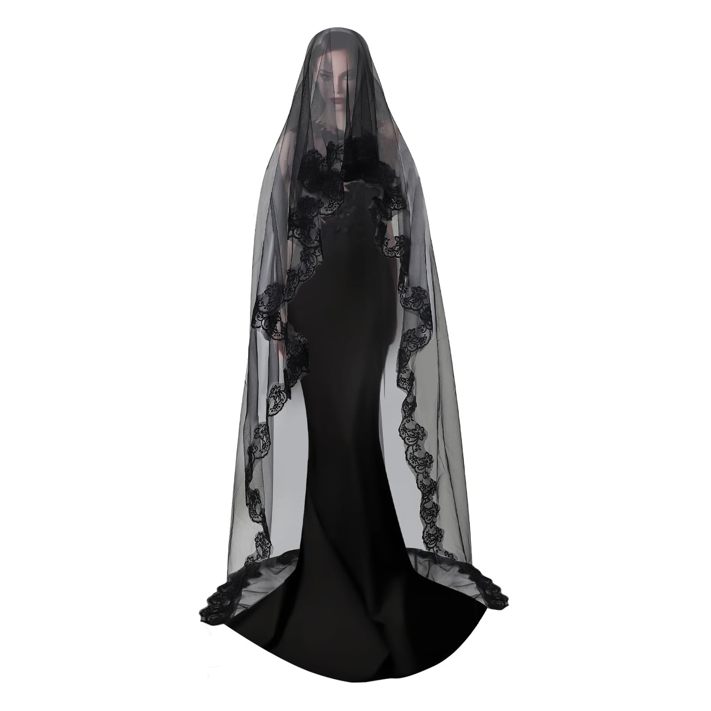 TINAYAUE 1 Tier Black Lace Veil Bridal Wedding Dress Veil Classic Sheer Bride Long Shawl Tulle Halloween Witch Cos Headdress