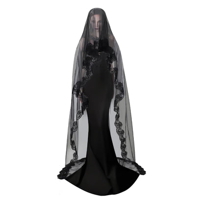 TINAYAUE 1 Tier Black Lace Veil Bridal Wedding Dress Veil Classic Sheer Bride Long Shawl Tulle Halloween Witch Cos Headdress
