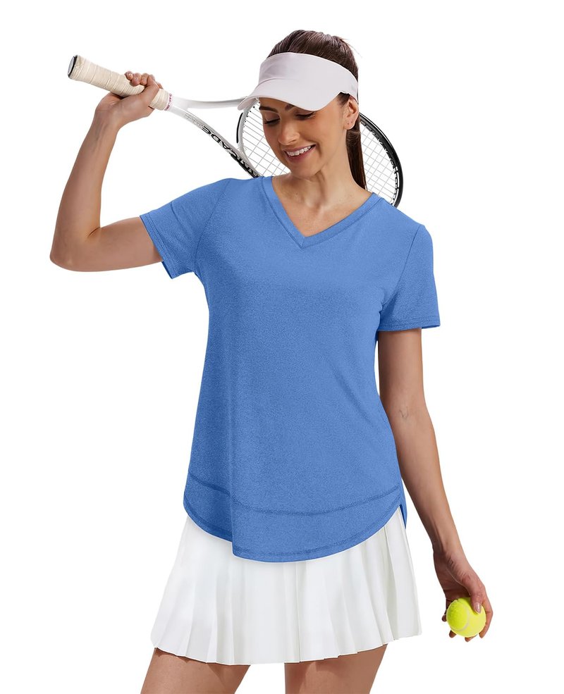 Workout Tops for Women Spring Summer Short Sleeve Golf Outfits Gym Essentials Activewear Running Shirts V Neck Blue S