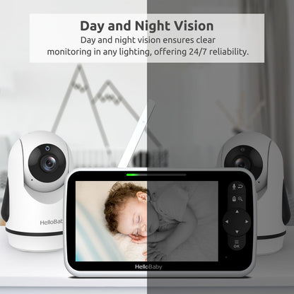 HelloBaby Video Baby Monitor with Upgraded 6” IPS Large Screen, Split Screen with 2 Cameras, Night Vision and Temprature Monitoring, Remote Pan-Tilt-Zoom Camera, No-WiFi
