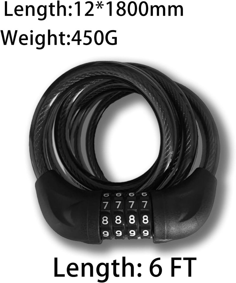 Bike Cable Lock - 6FT Heavy Duty Steel Cable | 4-Digit Resettable Combination, Waterproof Anti-Theft Security for Bikes, Scooters, Gates