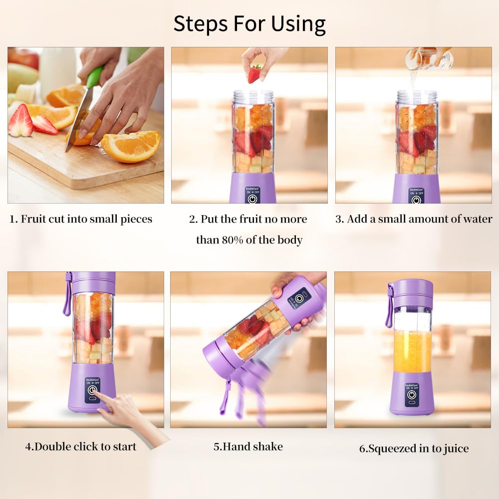 Portable Blender Cup,Electric USB Juicer Blender,Portable Juicer For Shakes and Smoothies, juice,380ml, Six Blades Great for Mixing,light purple