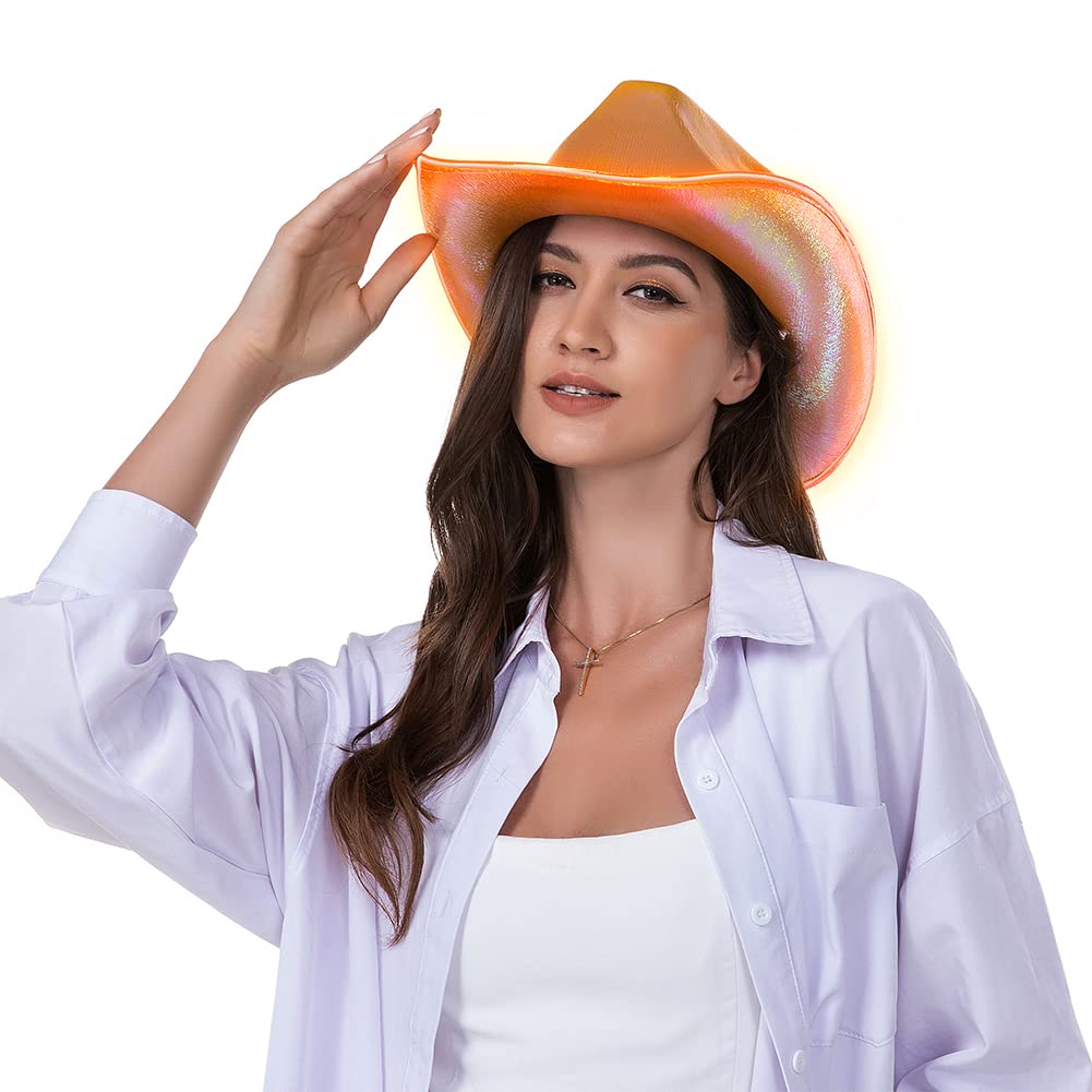 Light Up , Light Up Disco Cowgirl Hat, Holographic Space Cowboy Hat, Led Orange