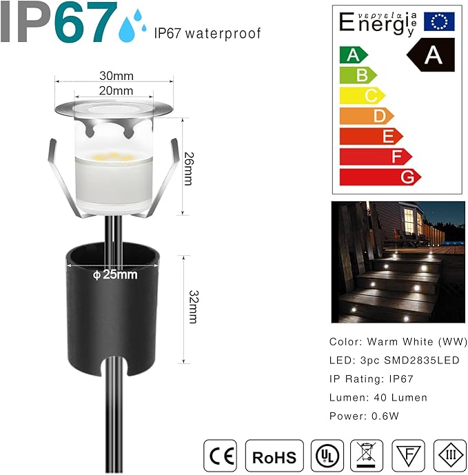 LED Recessed Deck Light Kits with Protecting Shell,LED Outdoor Landscape Lighting IP67 Waterproof,DC 12V Low Voltage Warm White for Garden,Yard,Stair,Patio,Kitchen Decoration In Ground(30pcs)