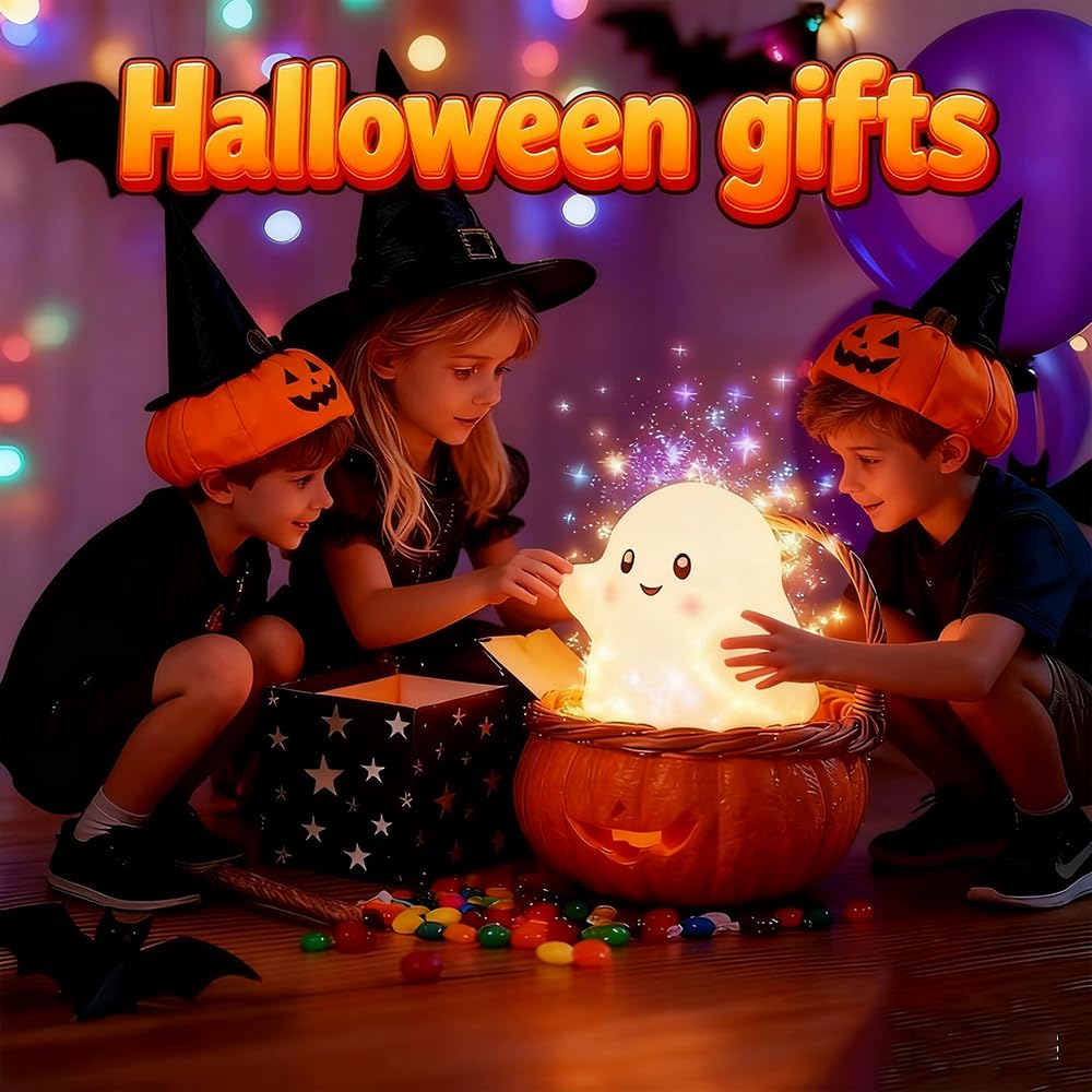 Ghost Night Light for Kids, Silicone Nursery Nightlight with 13 Interactive Sound Effects ,Halloween Decor Lamp Adjustable Dimmable Lamp with Touch Sensor Children's Christmas Gifts (white ghost)