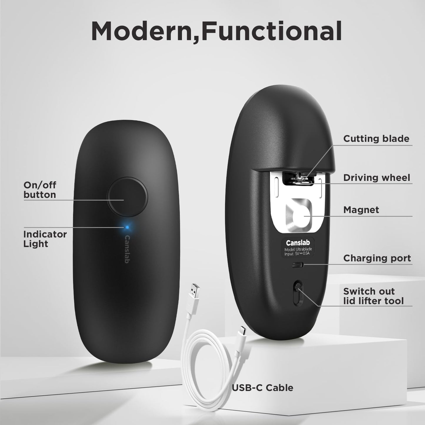 Canslab Rechargeable Electric Can Openers for Kitchen for Seniors with Arthritis- USB Battery Automatic Can Opener for Any Size Can - Smooth Edge, Handsfree, Portable Small One Touch Opener