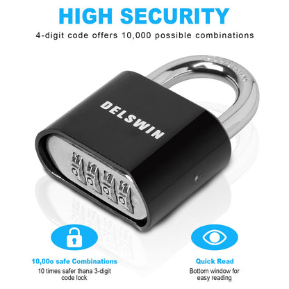 DELSWIN 4-Digit Combination Lock Outdoor Padlock - Heavy Duty Locker Lock with Hardened Steel Shackle, Waterproof Combo Lock for Gym Locker, Hasp Storage, Shed, Fence, Gate (Black,1Pcs)