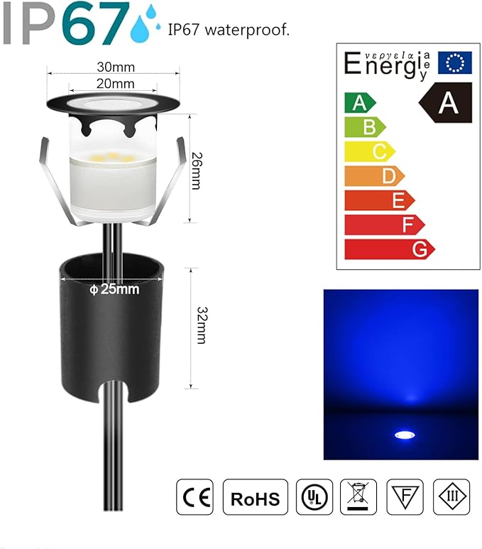 Low Voltage LED Deck Light Kit Stainless Steel Waterproof Recessed Wood Decking Stairs Garden Yard Patio Decor Lamp Outdoor LED Lighting (Blue,20pcs)