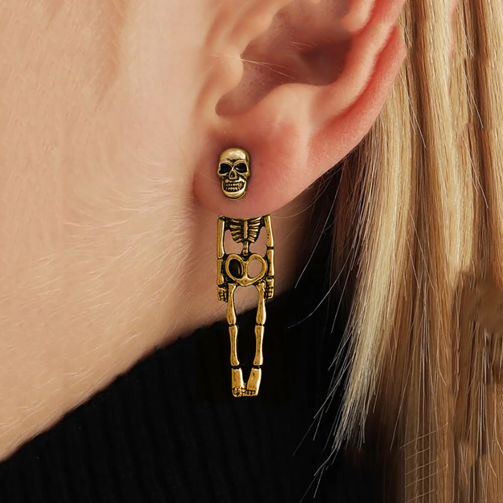 Gothic Skeleton Unique Earrings Punk Human Skull Funny Earrings Ghost Groom Bride Halloween Earrings Front Back Stud Earrings for Women (Gold)