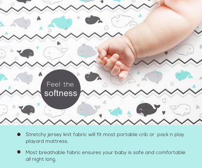 Pack n Play Sheets, BROLEX 2 Pack Mini Crib Sheets,Stretchy Portable Fitted Playard Sheet Set, Convertible Playard Mattress Cover,Ultra Soft Breathable Material,Elephant Whale