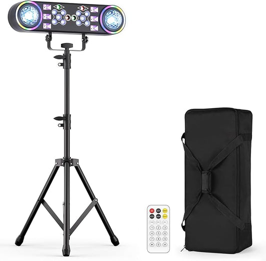 80W Dj Lights with Stand,7 in 1 Party Light Dj Disco Lights Sound Activated DMX Wireless Control with Rotating Ball,Strobe,UV,Colorful Effect for Stage KTV Band Wedding with Carry Bag (Black, 1)