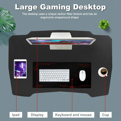 Gmaing Desk 35.4in PC Computer Desk Z Shaped Gaming Workstation Ergonomic Gaming Table with Headphone Hook for Home Office, Red