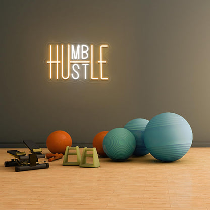 Hustle LED Neon Sign for Wall Decor, Humble Party Decorations, USB Powered Switch Adjustable Brightness LED Neon Lights, for Office Room, Gym Room, Man Cave Decor (Yellow&White)