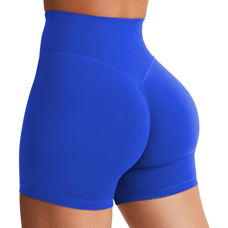 YEOREO Women's Biker Shorts 4.5" / 6" Workout Gym Shorts Craze High Waist Tummy Control Hidden Scrunch Running Yoga Blue L