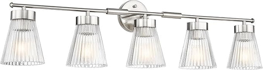 Brushed Nickel Bathroom Vanity Light, HWH 5-Light Bathroom Light Fixtures Modern Wall Vanity Lamp for Bathroom Over Mirror, Clear Striped Glass Shade, 5HZG97B-5W BN