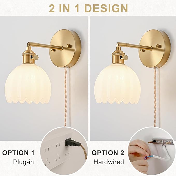 Plug in Wall Sconce, Vintage Sconce Light with Tulip Milk White Glass Lampshade, 180° Adjustable Wall Sconce with Switch and Plug in Wall Lamp Cord, Gold Wall Light for Bedroom Bedside