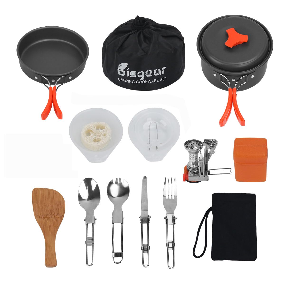 Bisgear 16pcs Camping Cookware Backpacking Stove Mess Kit – Camping Cooking Set - Camping Pots and Pans Set - Camping Accessories Equipment - Backpacking Supplies Survival Gear
