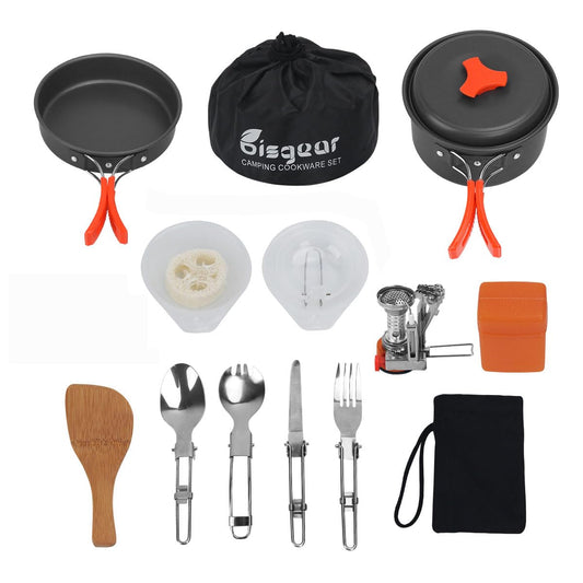 Bisgear 16pcs Camping Cookware Backpacking Stove Mess Kit – Camping Cooking Set - Camping Pots and Pans Set - Camping Accessories Equipment - Backpacking Supplies Survival Gear