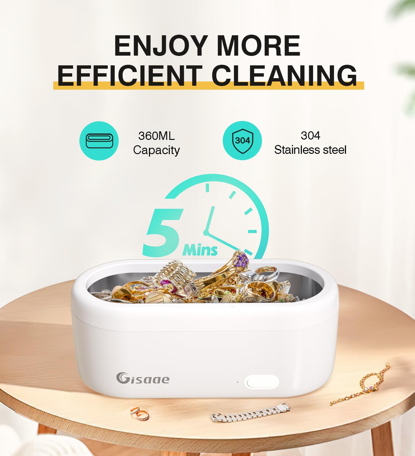 Gisaae Ultrasonic Cleaner, 47000Hz Jewellery Cleaner 360ML for Necklace Ring Glasses Jewelry Glasses Watch Coins Retainer
