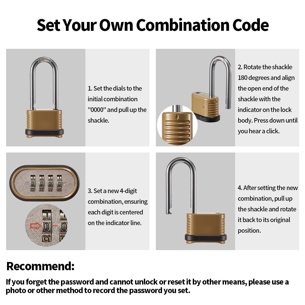 CINCINNO Heavy Duty Combination Lock, 4-Digit Combo Lock with Long Shackle,Weatherproof Combination Padlock for Outdoor Use,4 Pack